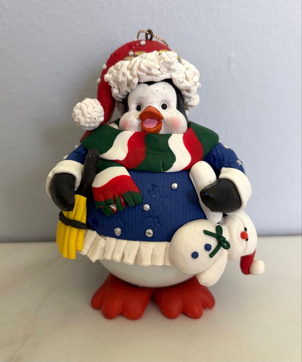 Vintage Traditions Glass & Clay Christmas Ornament Penguin w/Snowman Doll
